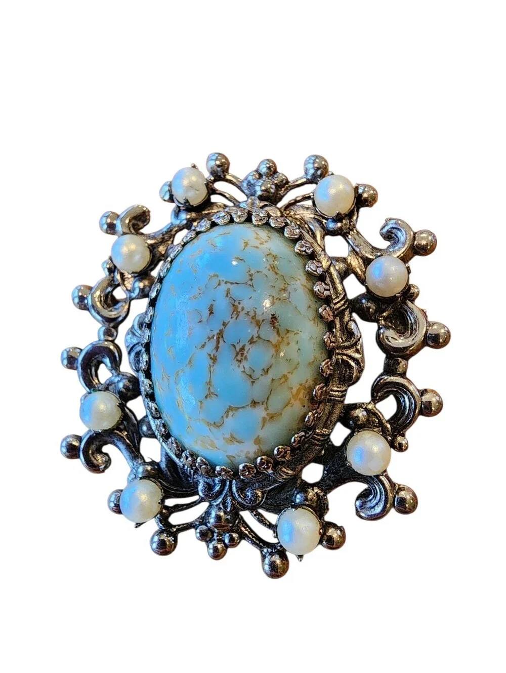 Vintage Victorian Revival Turquoise And Pearl Costume Brooch Pendant Combo 60s